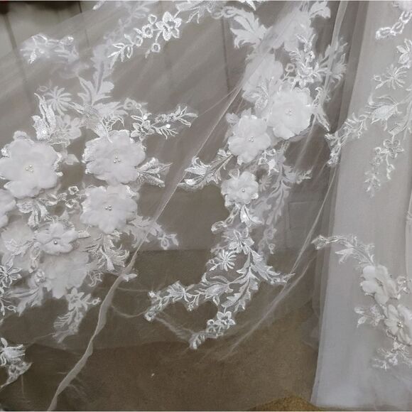 Stunning High Low Tulle With Flower Applique Overlay Gray Mermaid Fit Wedding Dr - Picture 14 of 15